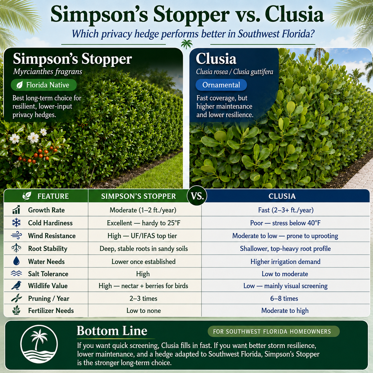Infographic comparing Simpson’s Stopper and Clusia privacy hedges for Southwest Florida, showing growth rate, cold hardiness, wind resistance, root stability, water needs, pruning, fertilizer needs, and wildlife value.