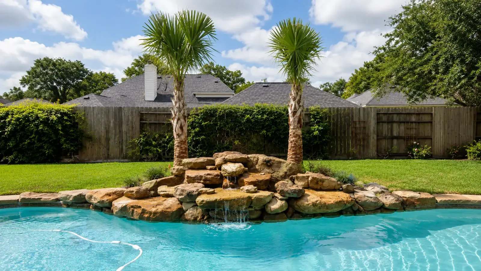 Backyard swimming pool with rock waterfall feature and two sabal palms in a Florida residential landscape.