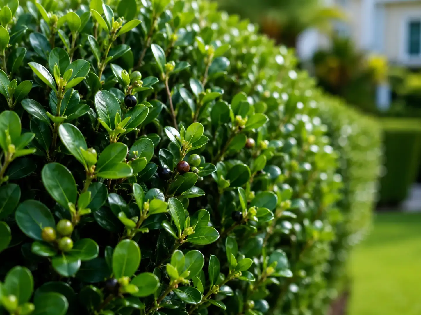 Close-up of Simpson’s Stopper hedge with glossy leaves and dark berries